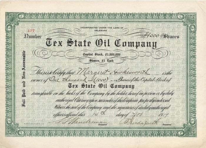 Tex State Oil Co. - Stock Certificate
