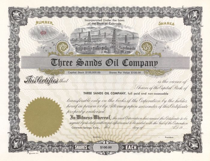 Three Sands Oil Co. - Stock Certificate