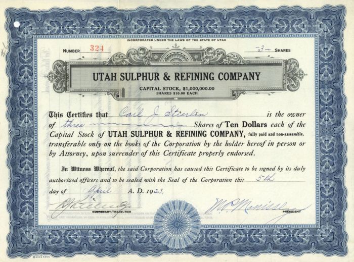 Utah Sulphur and Refining Co. - Stock Certificate
