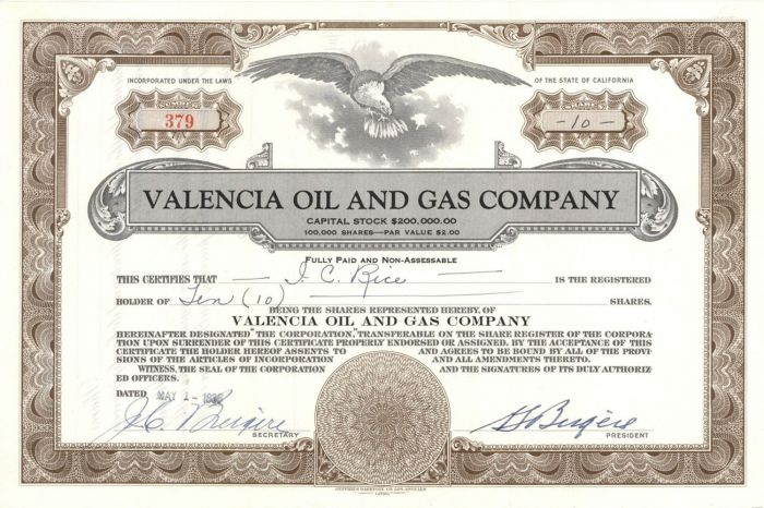 Valencia Oil and Gas Co. - Stock Certificate