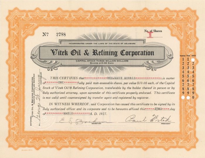 Vitek Oil and Refining Corporation - Stock Certificate