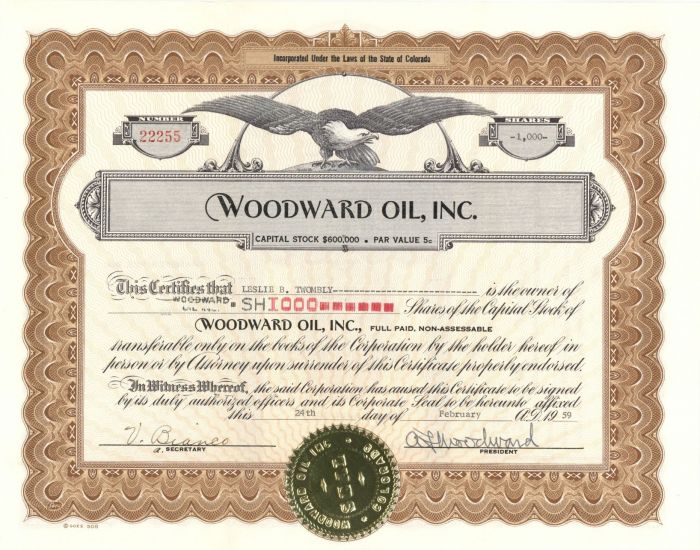 Woodward Oil, Inc. - Stock Certificate