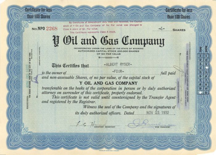 Y Oil and Gas Co. - Stock Certificate
