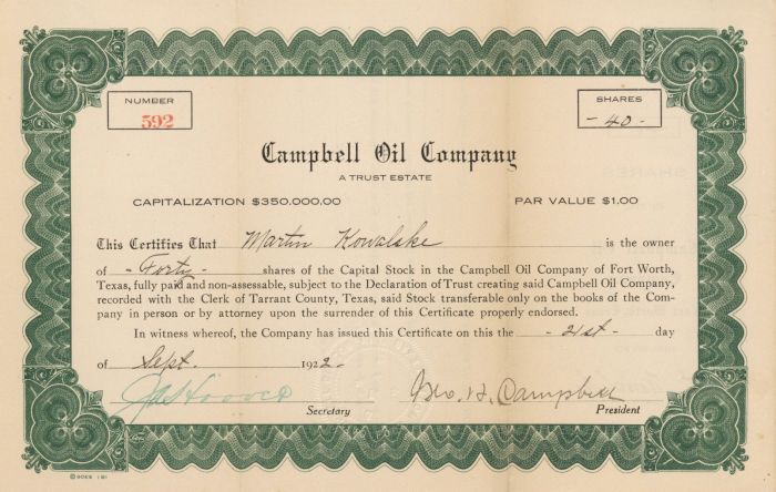 Campbell Oil Co. - Stock Certificate