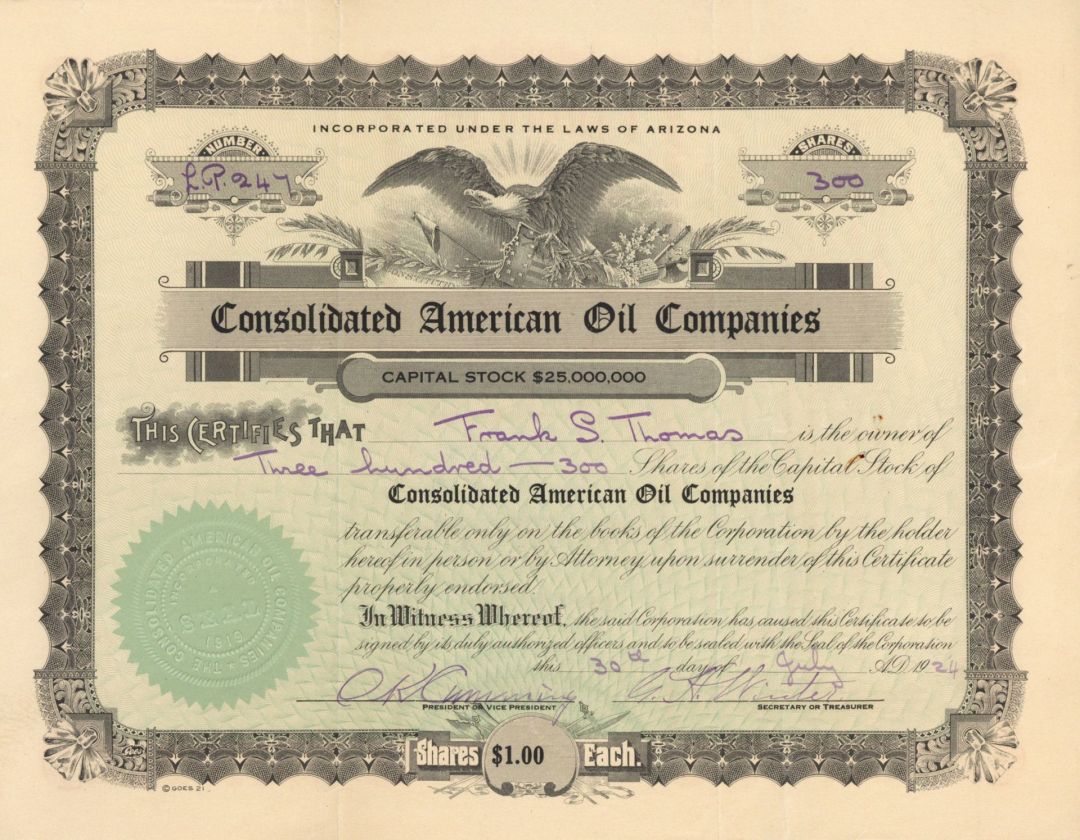 Consolidated American Oil Companies - Stock Certificate
