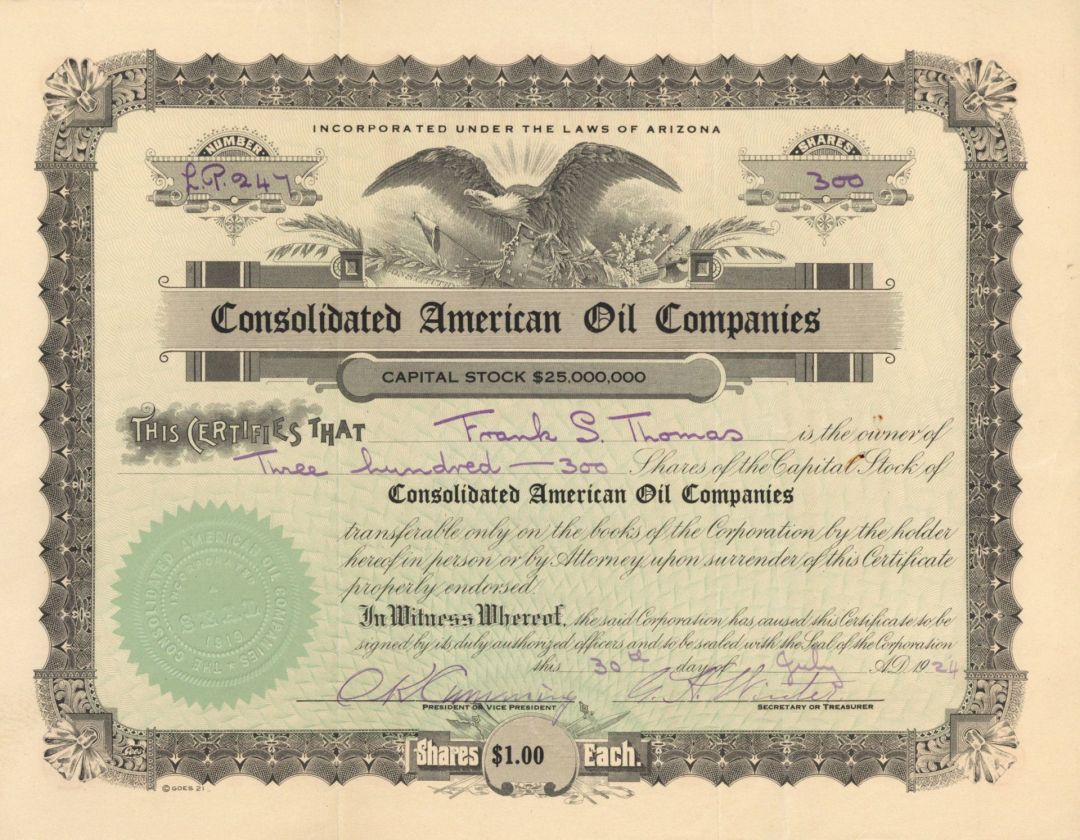 Consolidated American Oil Companies - Stock Certificate
