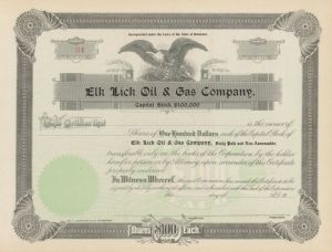 Elk Lick Oil and Gas Co. - Stock Certificate
