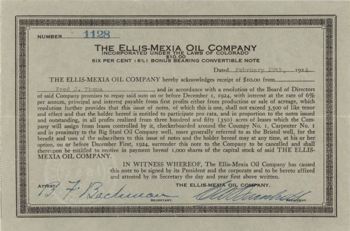Ellis-Mexia Oil Co. - Stock Certificate