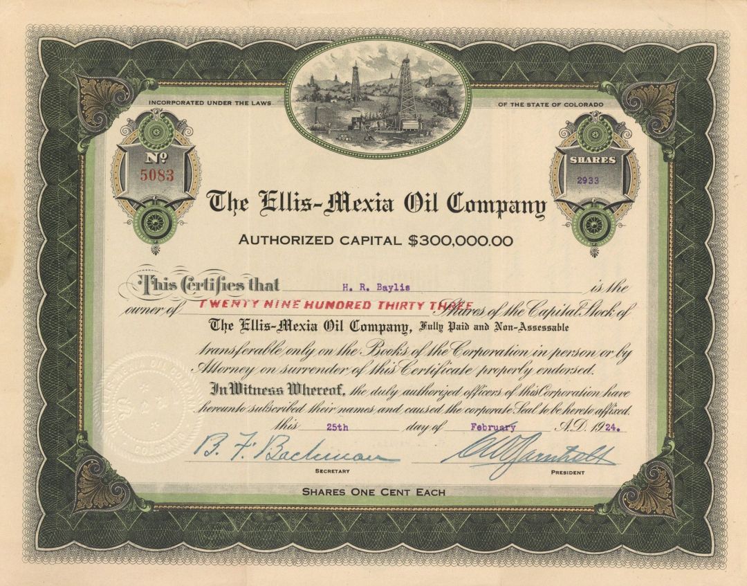 Ellis-Mexia Oil Co. - Stock Certificate