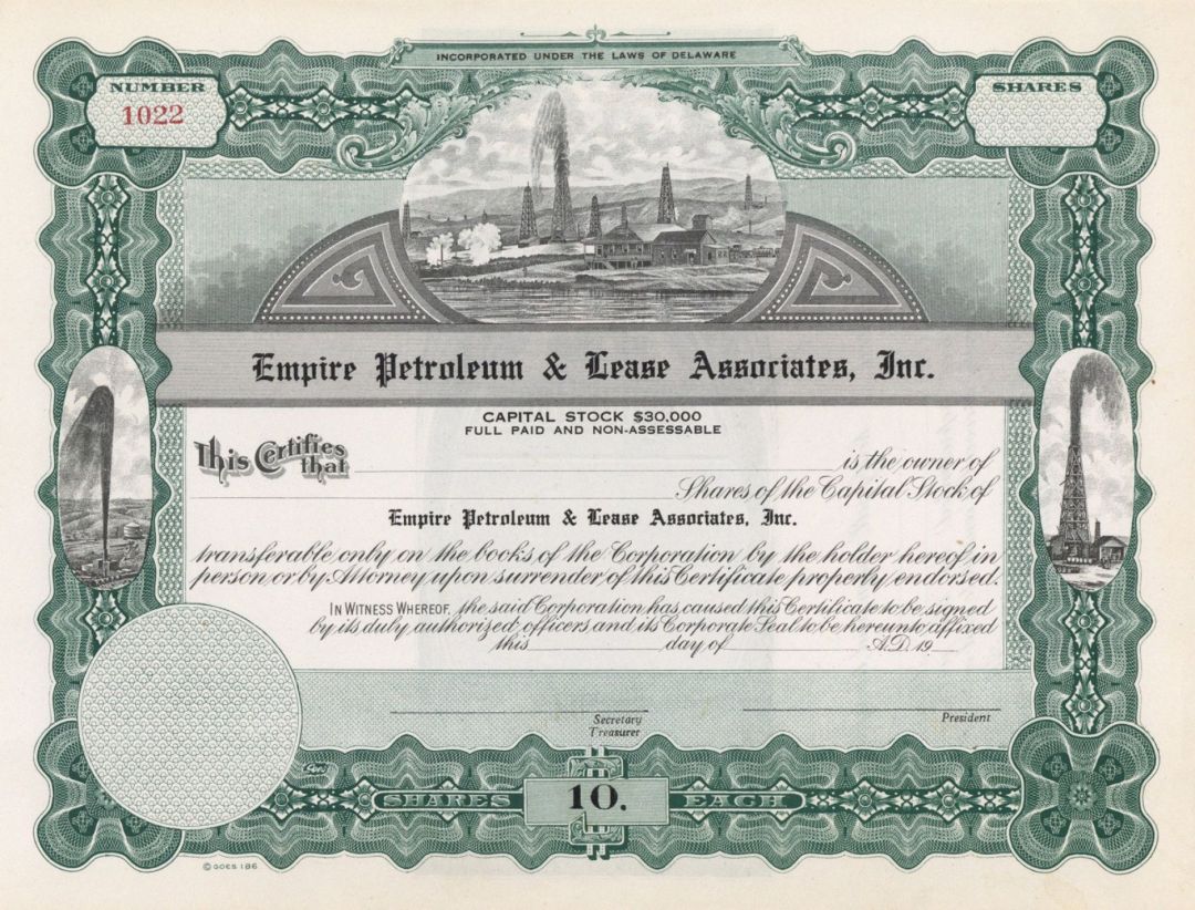 Empire Petroleum and Lease Associates, Inc. - Unissued Oil Stock Certificate