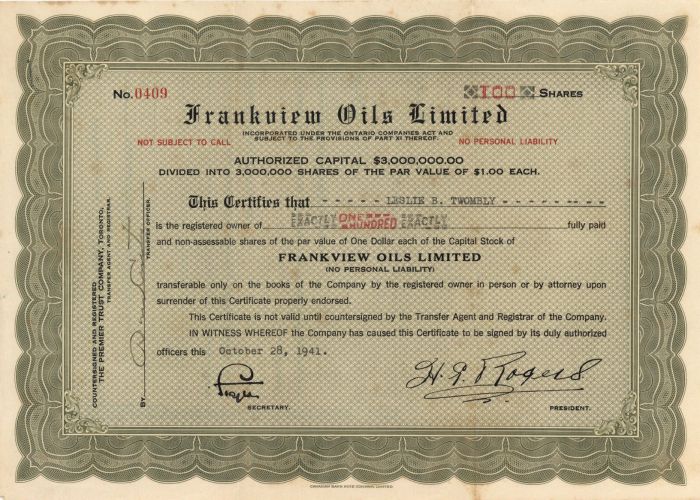 Frankview Oils Limited - Canadian Stock Certificate