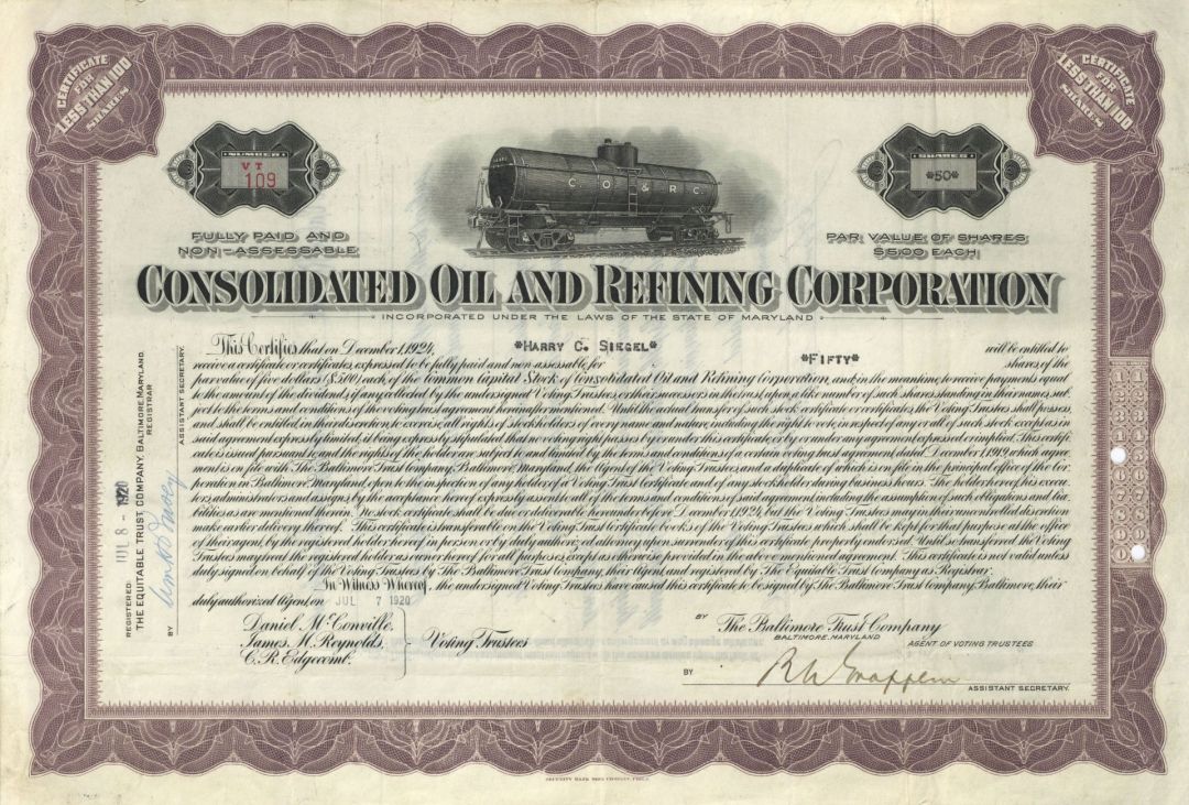 Consolidated Oil and Refining Co. - 1920 dated Maryland Oil Stock Certificate
