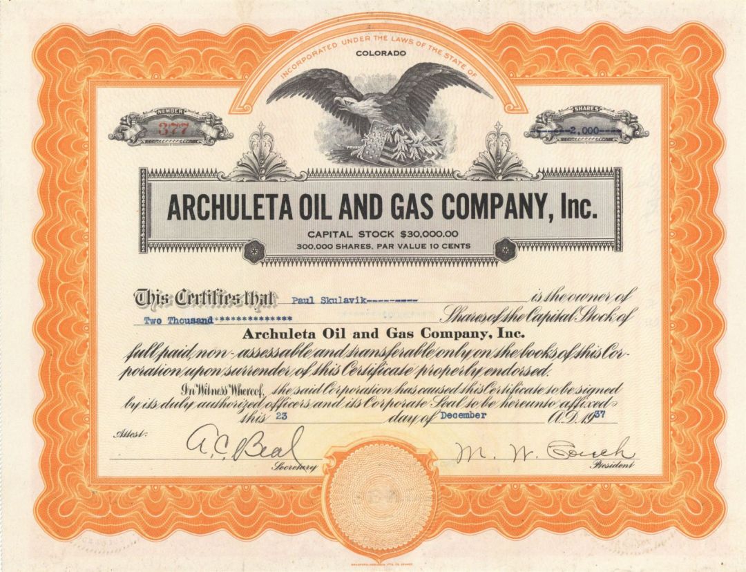 Archuleta Oil and Gas Company, Inc. - Stock Certificate