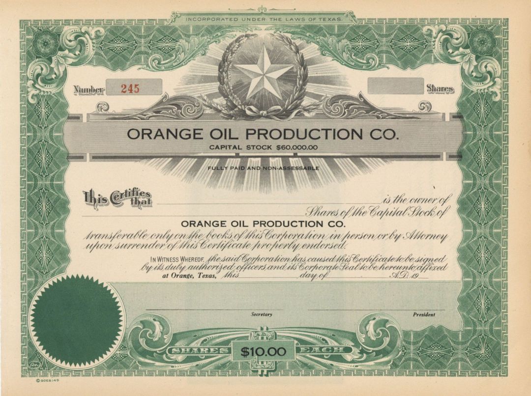 Orange Oil Production Co. - Stock Certificate