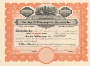 Sharkey Oil Co., Inc. - Shrevesport, Louisiana Stock Certificate