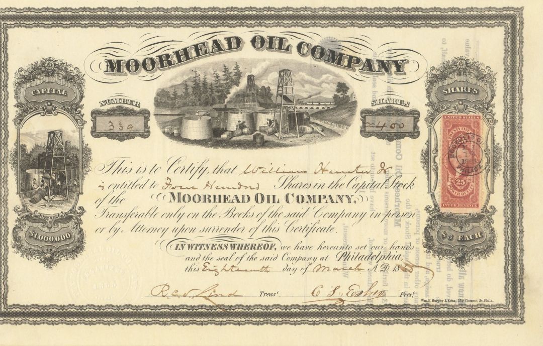 Moorhead Oil Co. - 1865 dated Pennsylvania Oil Stock Certificate - Trimmed Close at Left