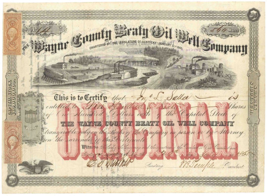 Wayne County Beaty Oil Well Company - Fantastic Kentucky Oil Stock Certificate