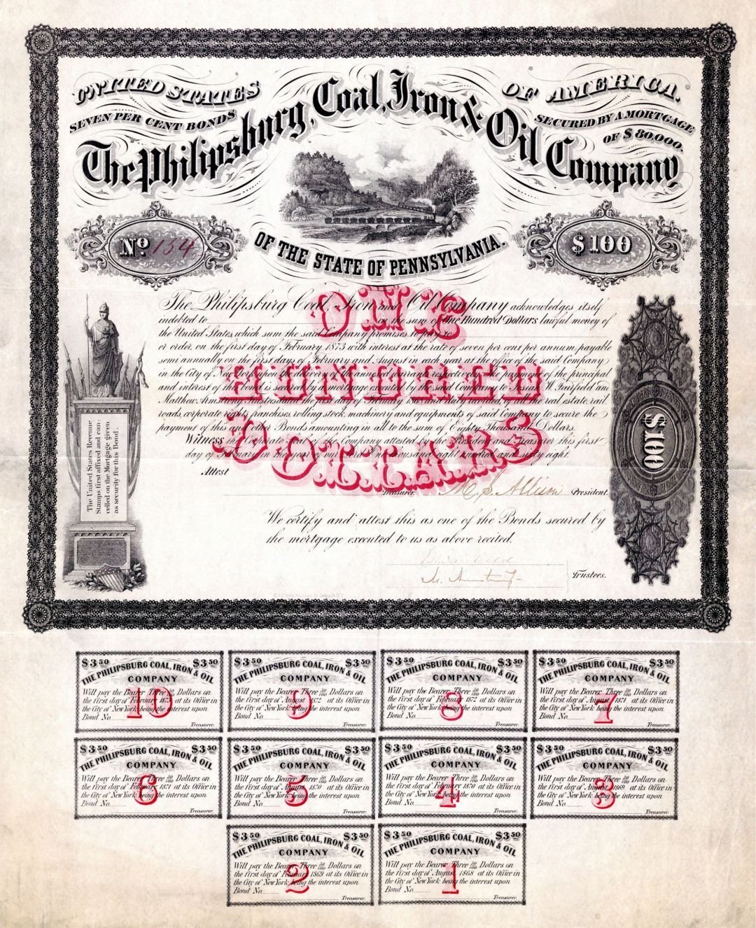 Philipsburg, Coal, Iron and Oil Company - 1868 dated $100 Bond