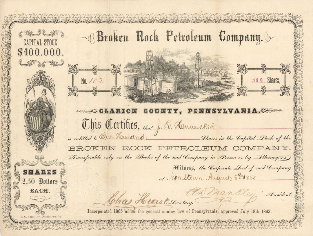 Broken Rock Petroleum Co. - 1865 dated Clarion County, Pennsylvania Stock Certificate