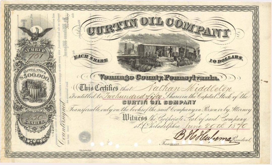 Curtin Oil Co. - 1870 dated Stock Certificate