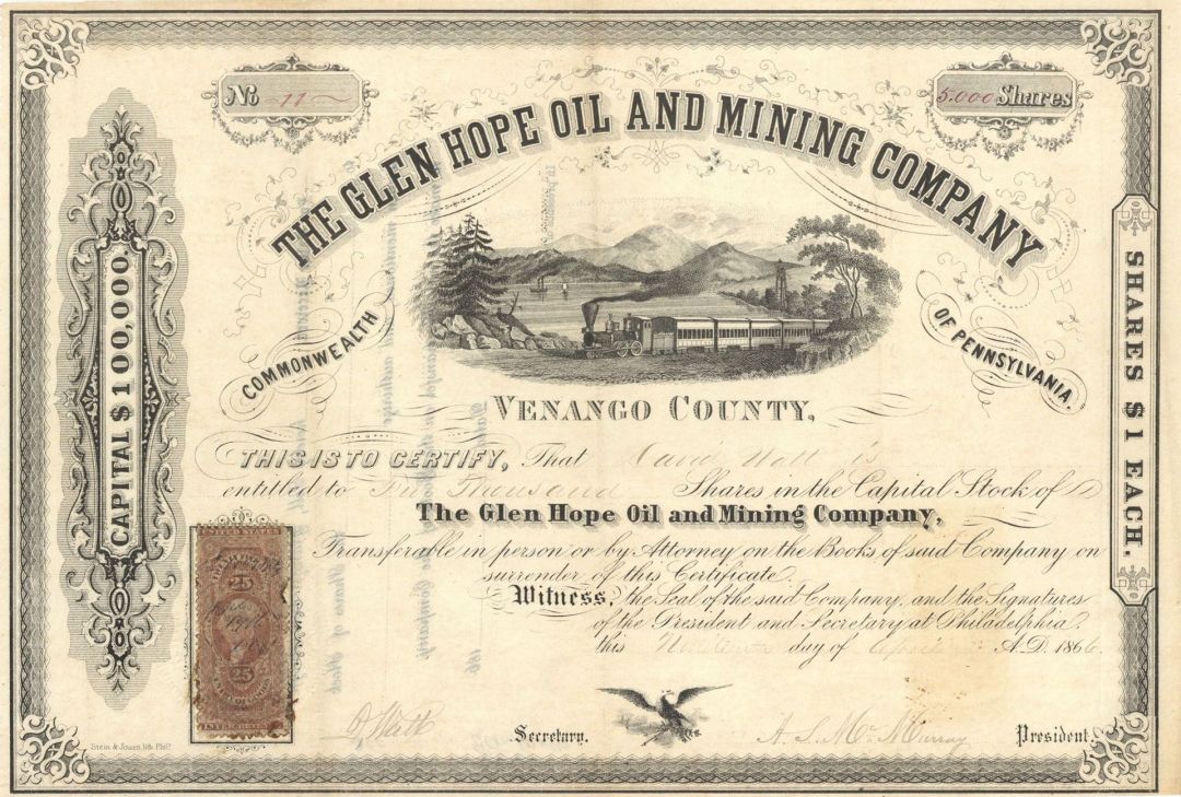 Glen Hope Oil and Mining Co. - Pennsylvania Oil Stock Certificate