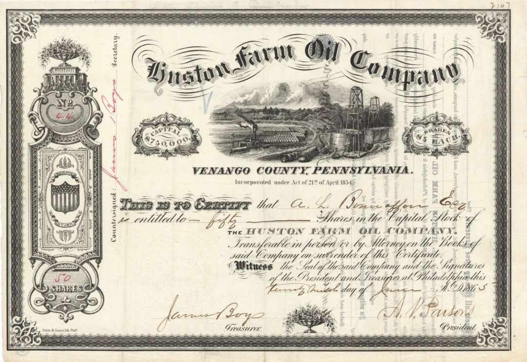Huston Farm Oil Co. - 1865 dated Stock Certificate