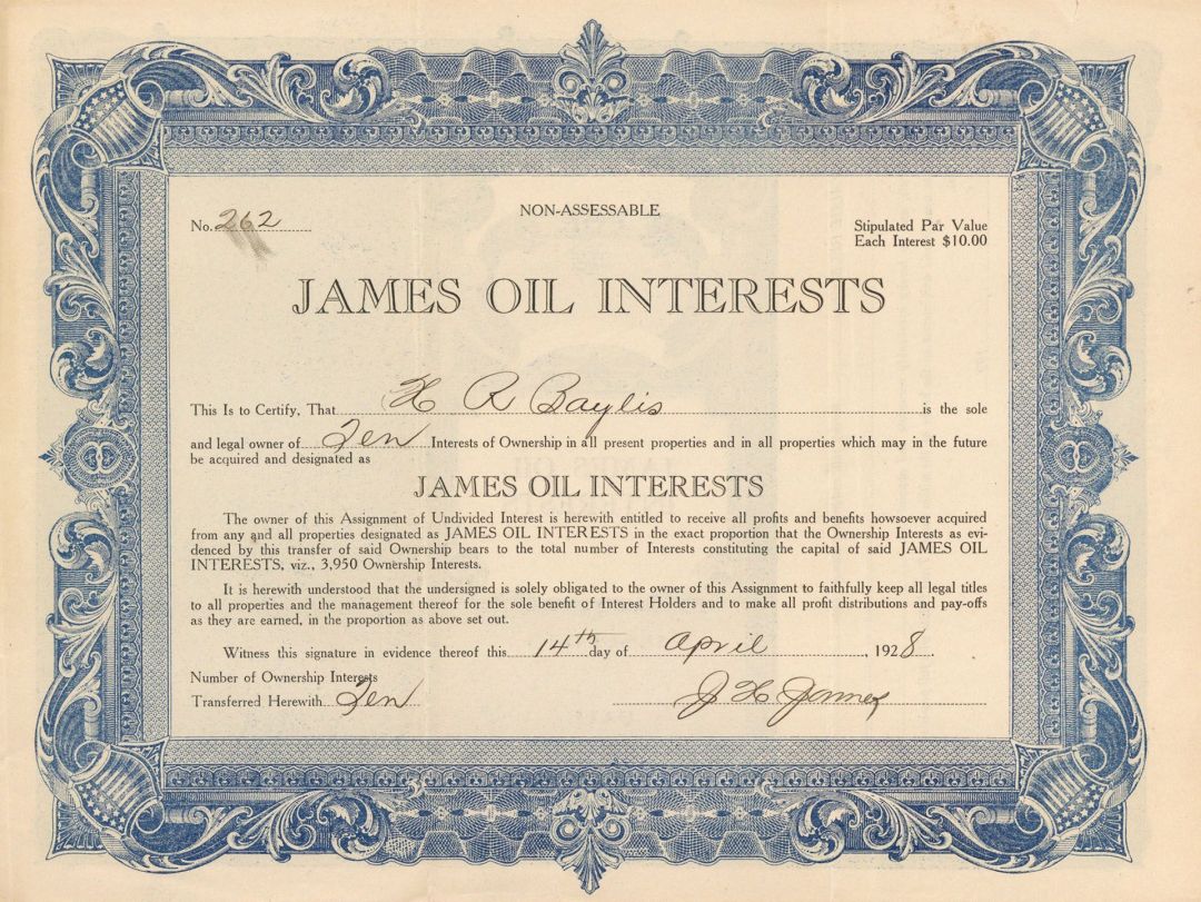 James Oil Interests - Stock Certificate