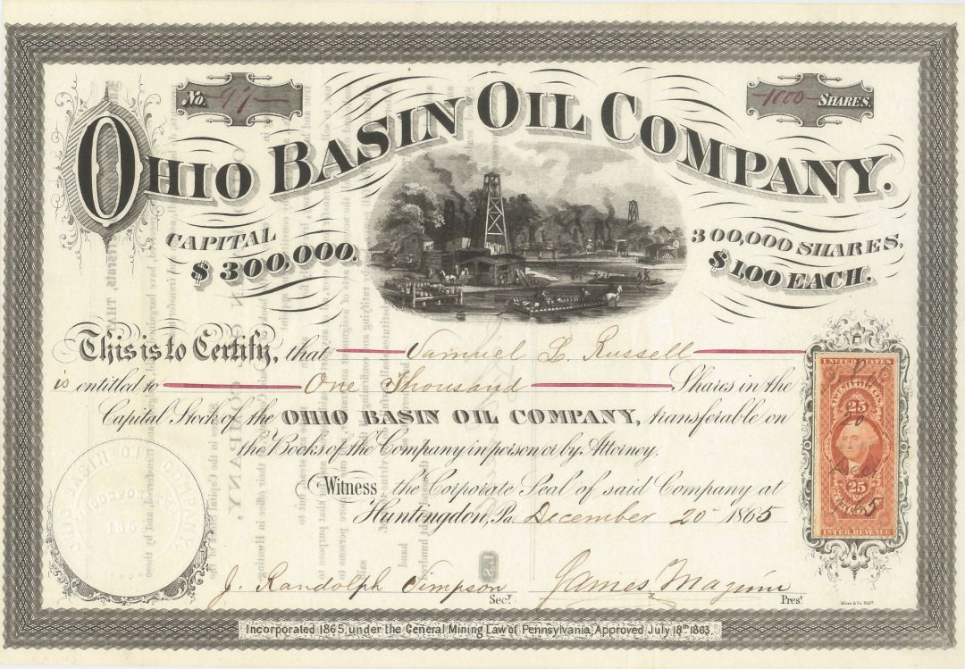 Ohio Basin Oil Co. - 1865-66 dated Ohio Oil Stock Certificate