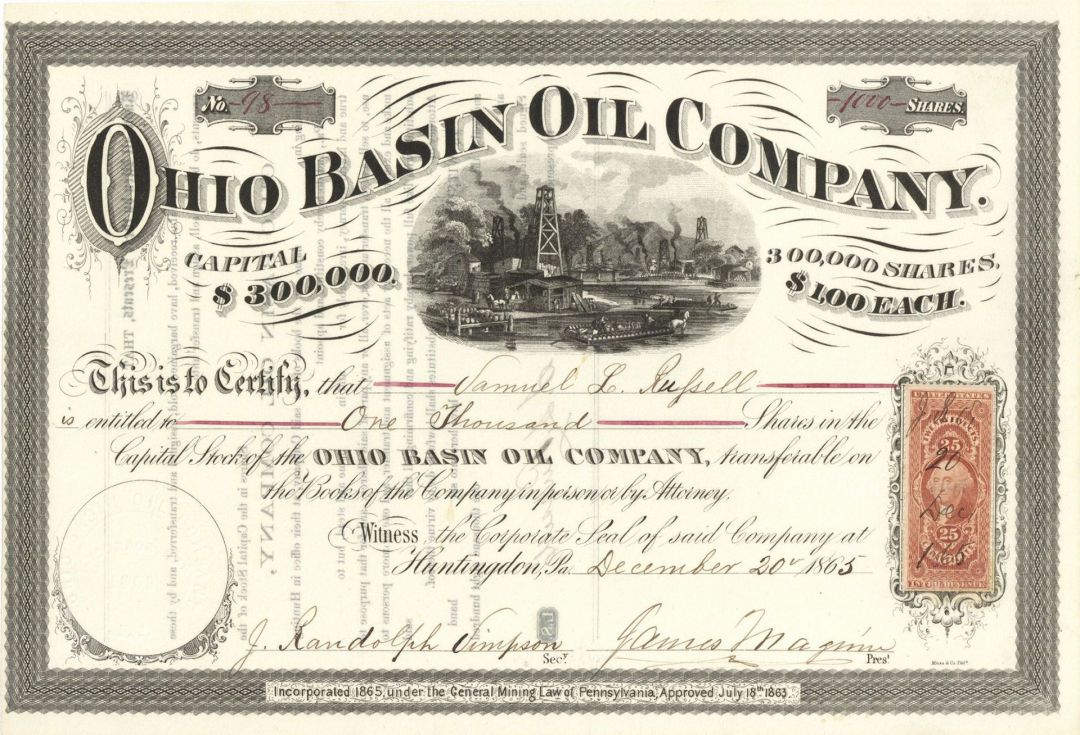 Ohio Basin Oil Co. - 1865 dated Stock Certificate