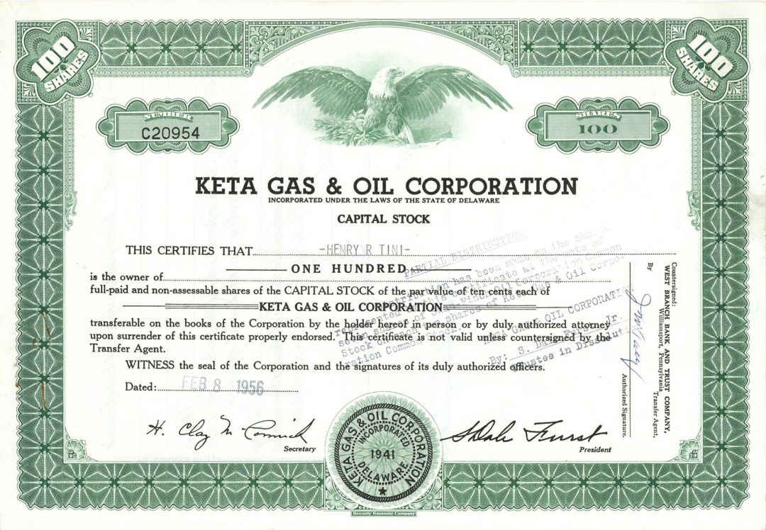 Keta Gas and Oil Corp. - 1950's dated Oil Stock Certificate - Relating to Swan-Finch Oil Corp.