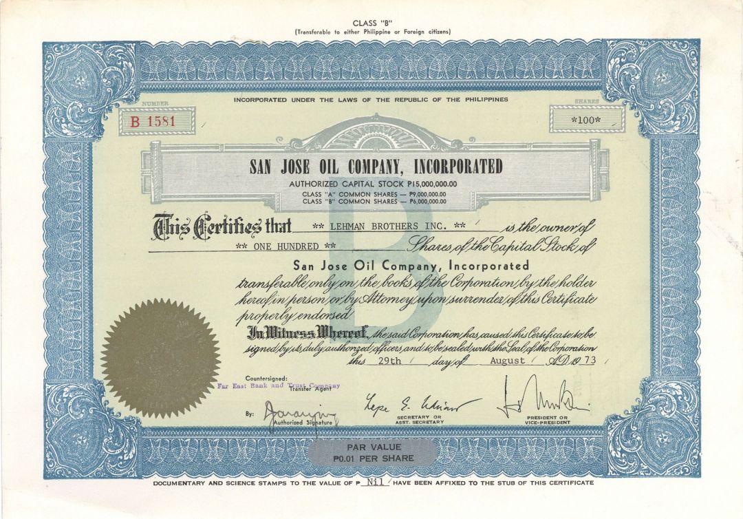 San Jose Oil Co., Incorp. - Philippines Oil Stock Certificate