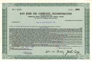 San Jose Oil Co., Incorp. - Philippines Oil Stock Certificate