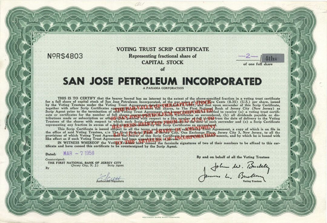 San Jose Petroleum Incorp. - Stock Certificate
