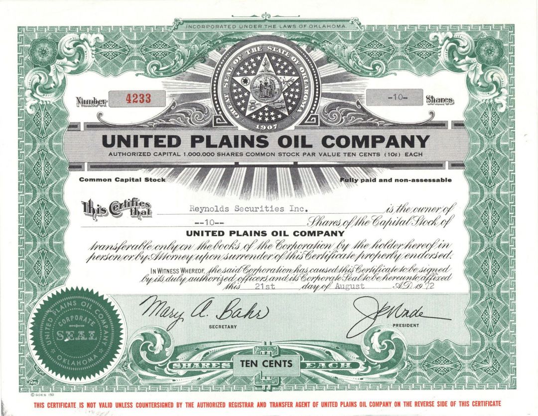 United Plains Oil Co. - Stock Certificate