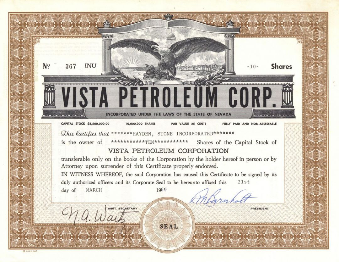 Vista Petroleum Corp. - Stock Certificate