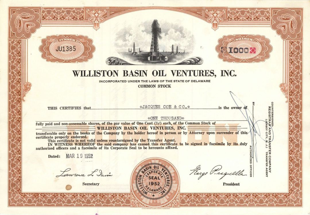 Williston Basin Oil Ventures, Inc. - Stock Certificate