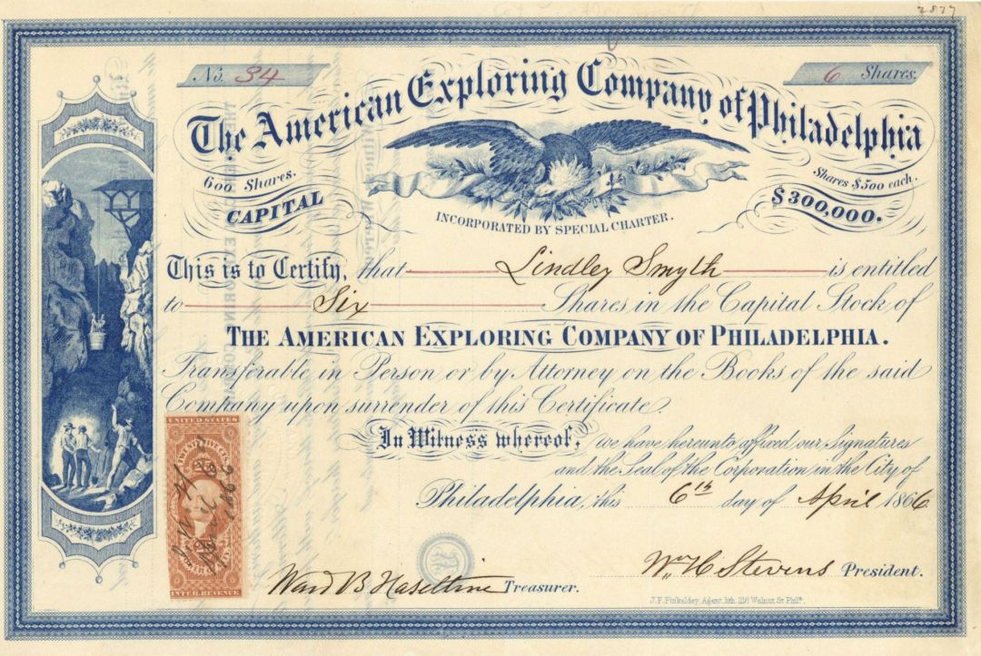 American Exploring Company of Philadelphia - Stock Certificate