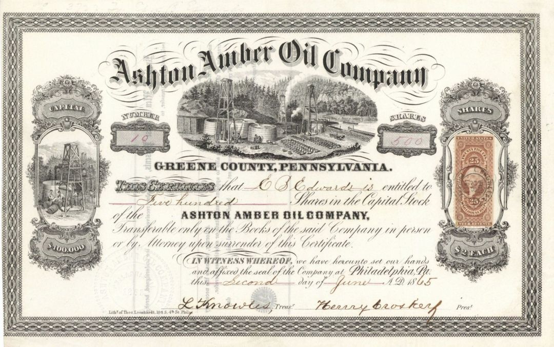 Ashton Amber Oil Company - 1865 dated Greene County, Pennsylvania Oil Stock Certificate