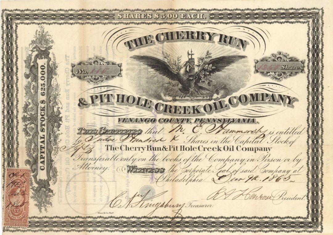Cherry Run and Pit Hole Creek Oil Co. - 1865 dated Stock Certificate