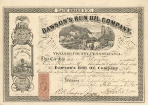 Dawson's Run Oil Co. - 1865 dated Stock Certificate