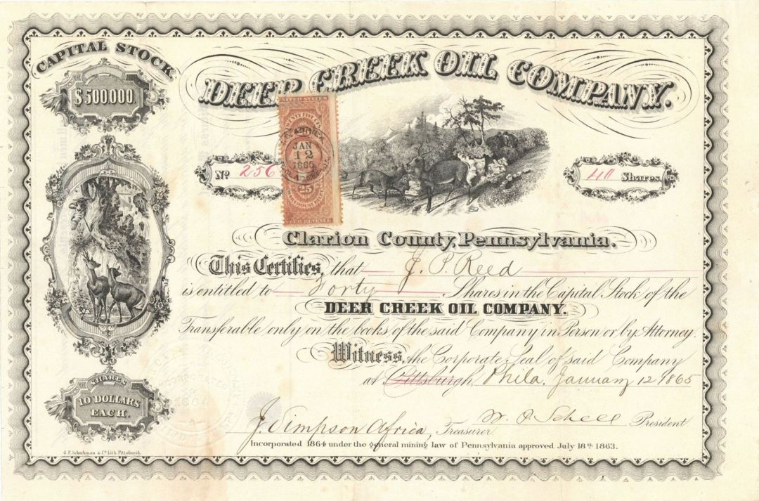 Deer Creek Oil Co. - 1865 dated Pennsylvania Oil Stock Certificate with Revenue Stamp