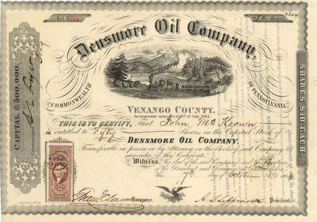 Densmore Oil Co. - 1864 dated Stock Certificate