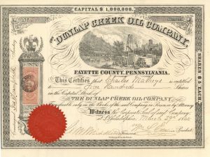 Dunlap Creek Oil Co. - 1865 dated Stock Certificate