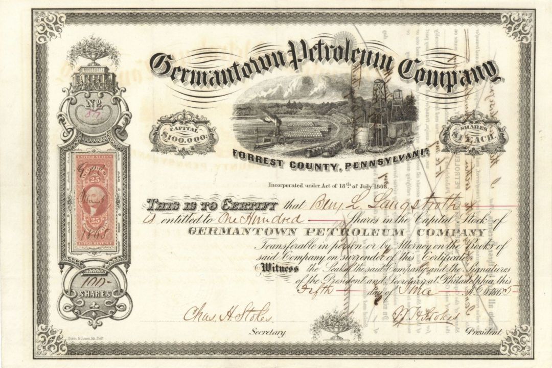 Germantown Petroleum Co. - 1865 dated Stock Certificate