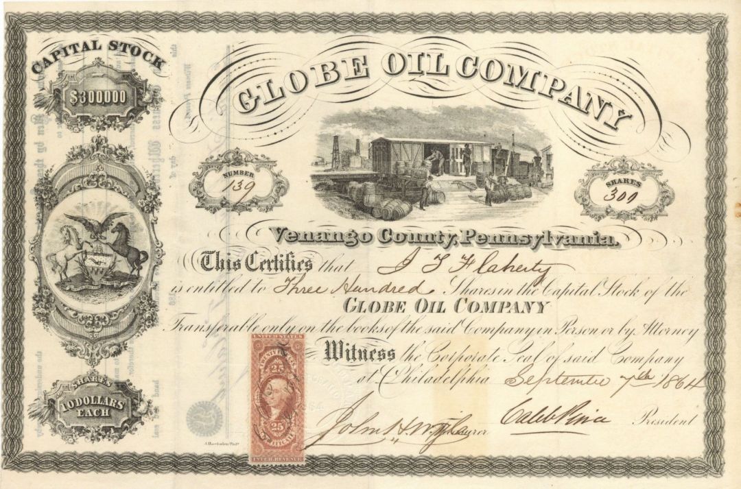 Globe Oil Co. - 1864 dated Pennsylvania Oil Stock Certificate