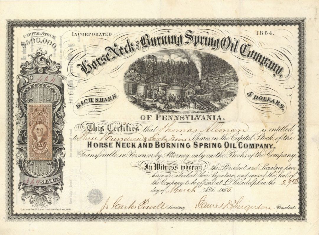 Horse Neck and Burning Spring Oil Co. - 1865 dated Stock Certificate