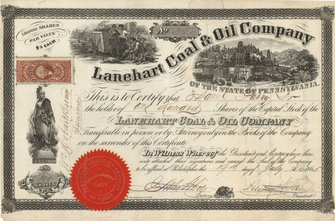 Lanehart Coal and Oil Co. of the State of Pennsylvania - 1865 dated Stock Certificate