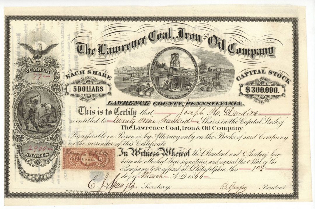 Lawrence Coal, Iron and Oil Co. - 1866 dated Stock Certificate