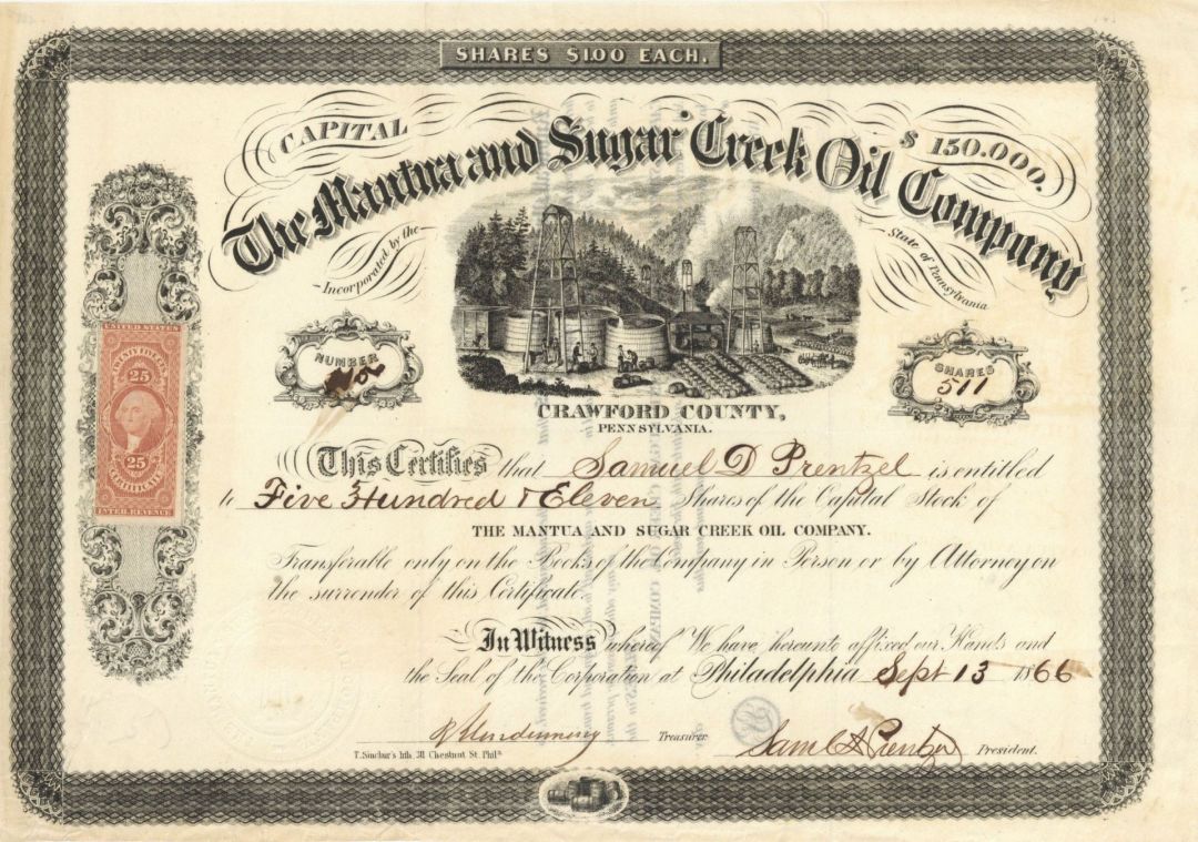 Mantua and Sugar Creek Oil Co. - 1866 dated Stock Certificate