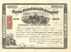Martin Farm Coal and Oil Co. of Venango County, Pennsylvania - 1865 dated Stock Certificate